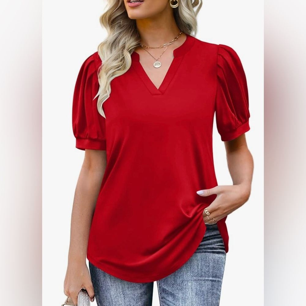 XXXL New Red Ofeefan Women's Pleated Puff Sleeve V Neck Tunic Loose Curved Hem